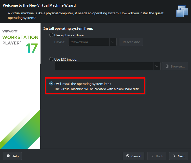 vmware: I will install the operating system later.